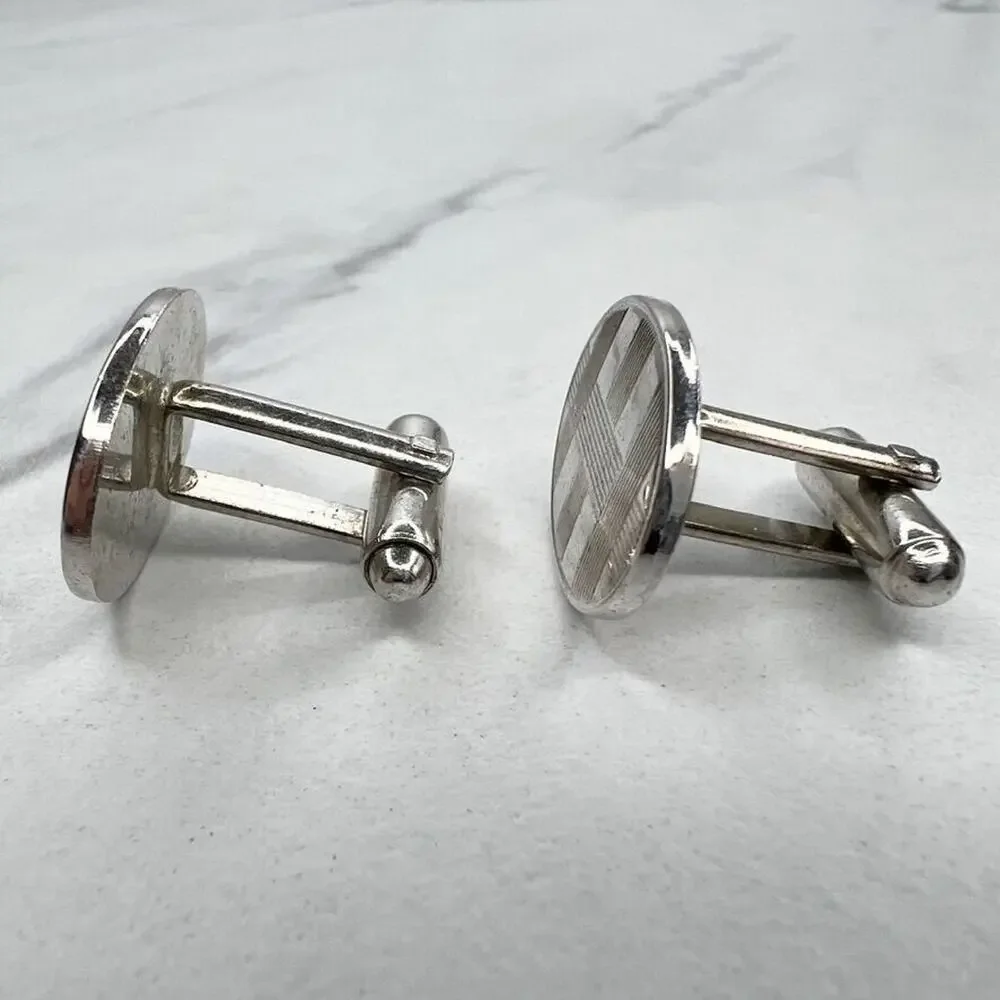 Silver Tone Oval Striped Cufflinks